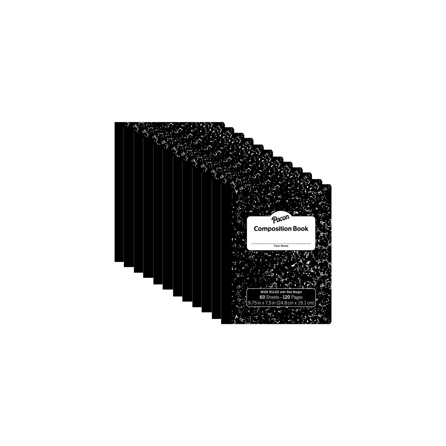 Pacon® Composition Book, Black Marble, 3/8" Ruled w/Margin, 9-3/4" x 7-1/2", 60 Sheets, Pack of 12