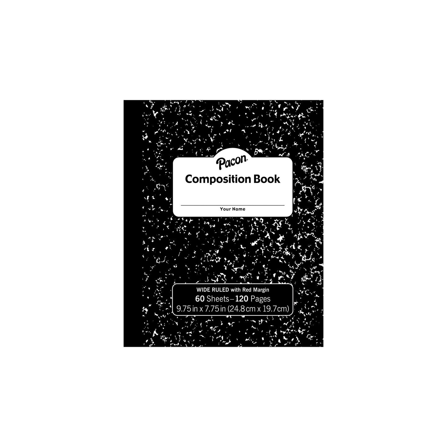 Pacon® Composition Book, Black Marble, 3/8" Ruled w/Margin, 9-3/4" x 7-3/4", 60 Sheets