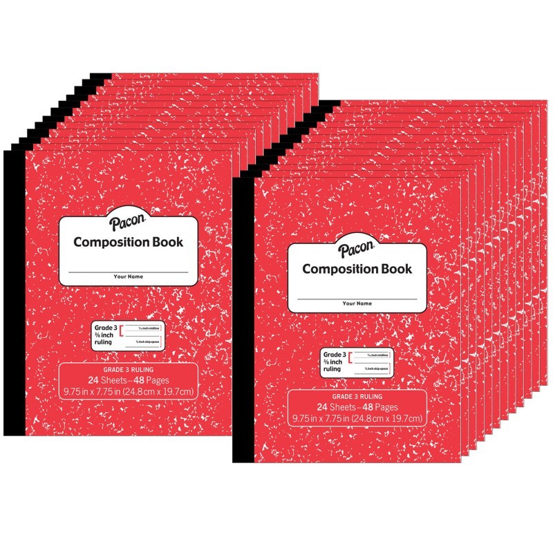 Pacon® Composition Book, Grade 3, Red Marble, 3/8" x 3/16" x 3/16" Ruled, 9-3/4" x 7-3/4", 24 Sheets, Pack of 24