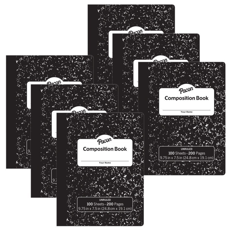 Pacon® Composition Book, Black Marble, Unruled 9-3/4" x 7-1/2", 100 Sheets, Pack of 6