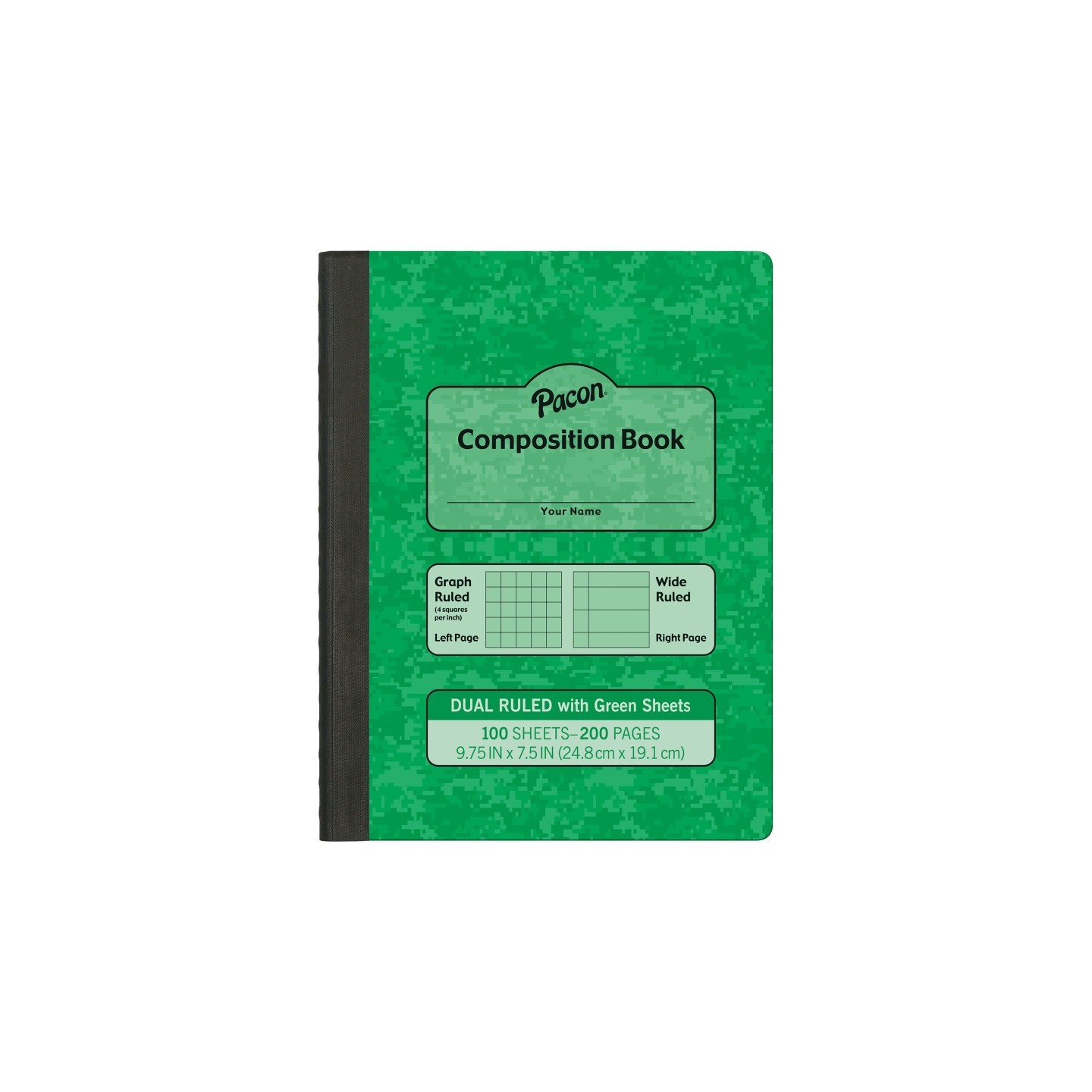 Pacon® Dual Ruled Composition Book, Green, 1/4 in grid and 3/8 in (wide) 9-3/4" x 7-1/2", 100 Sheets