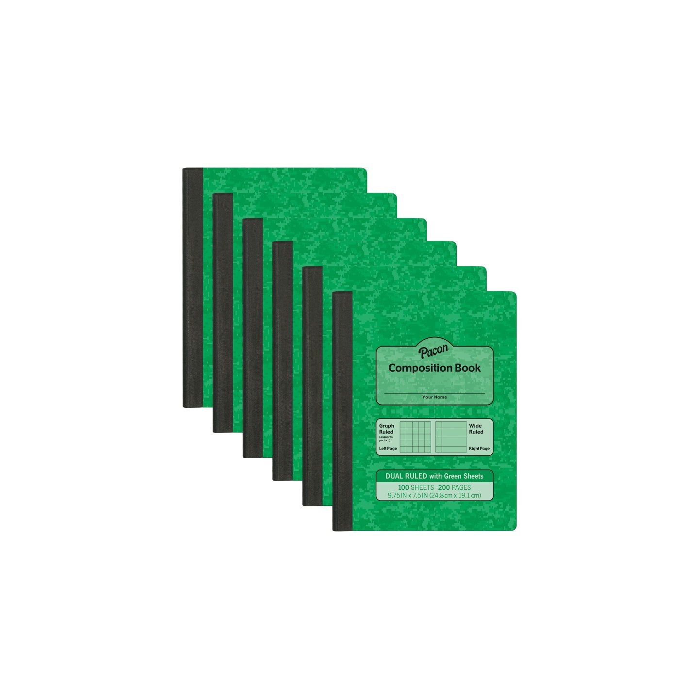 Pacon® Dual Ruled Composition Book, Green, 1/4 in grid and 3/8 in (wide) 9-3/4" x 7-1/2", 100 Sheets, Pack of 6