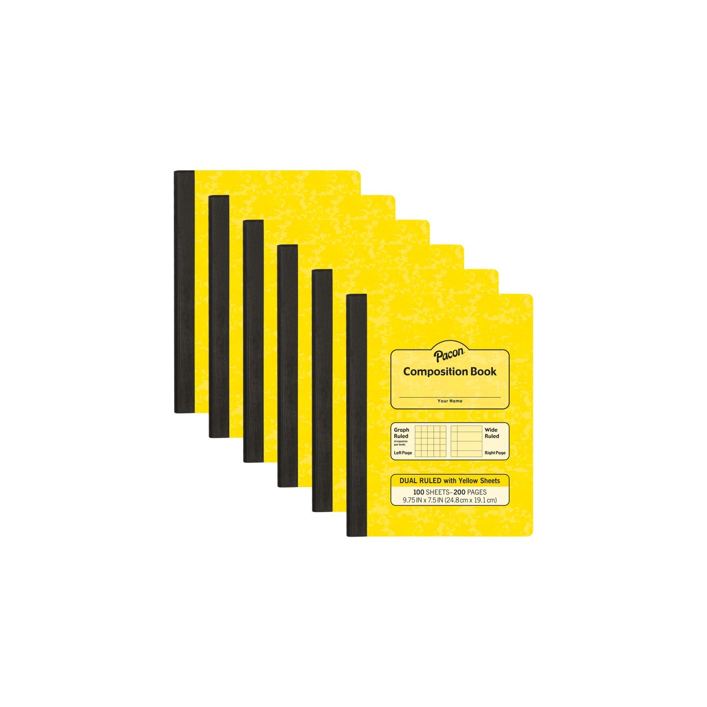 Pacon® Dual Ruled Composition Book, Yellow, 1/4 in grid and 3/8 in (wide) 9-3/4" x 7-1/2", 100 Sheets, Pack of 6