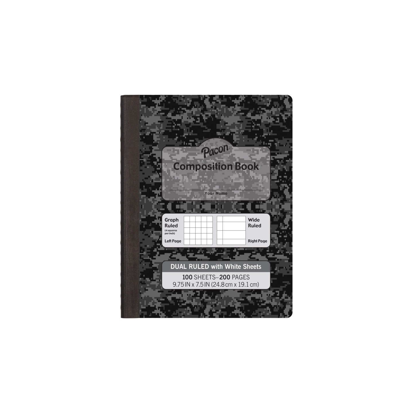 Pacon® Dual Ruled Composition Book, Dark Gray Marble, 1/4" Grid & 3/8" Wide Ruled, 9-3/4" x 7-1/2", 100 Sheets