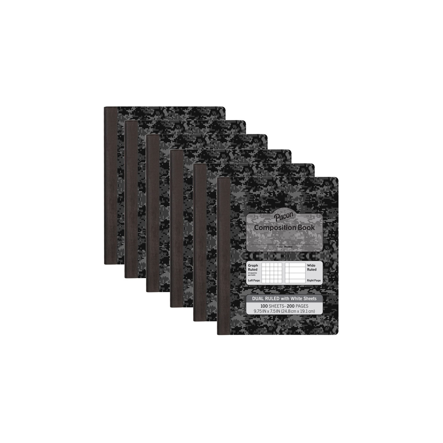 Pacon® Dual Ruled Composition Book, Dark Gray Marble, 1/4" Grid & 3/8" Wide Ruled, 9-3/4" x 7-1/2", 100 Sheets, Pack of 6