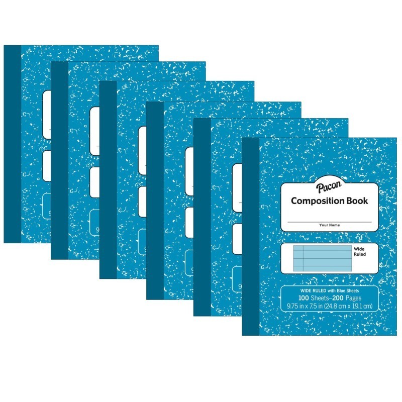 Pacon® Pastel Composition Book, Blue Marble Cover, Light Blue Sheets, 3/8" Ruled, 9-3/4" x 7-1/2", 100 Sheets, Pack of 6