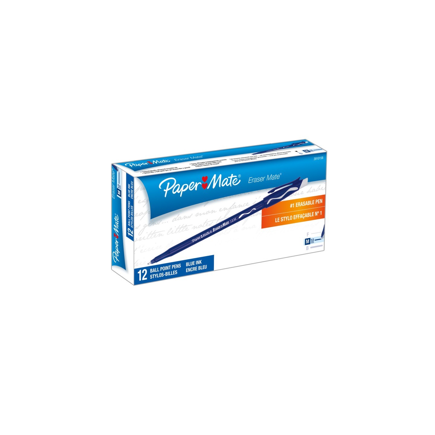 Paper Mate® Eraser Mate® Erasable Pen, Medium Point, Blue, 12 Count