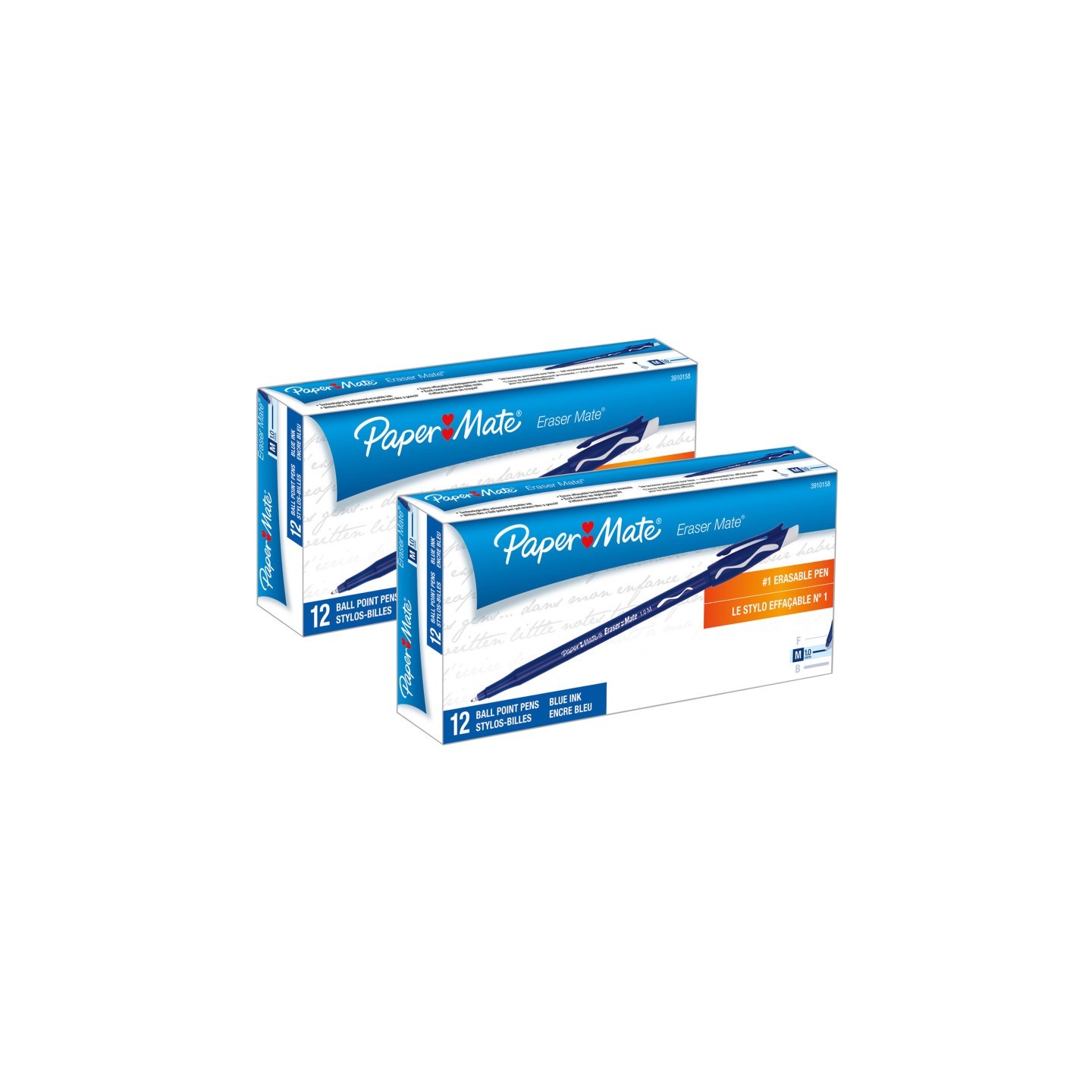 Paper Mate® Eraser Mate® Erasable Pen, Medium Point, Blue, 12 Per Pack, 2 Packs