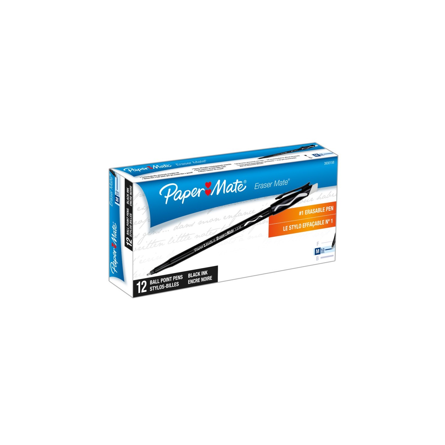 Paper Mate® Eraser Mate® Erasable Pen, Medium Point, Black, 12 Count