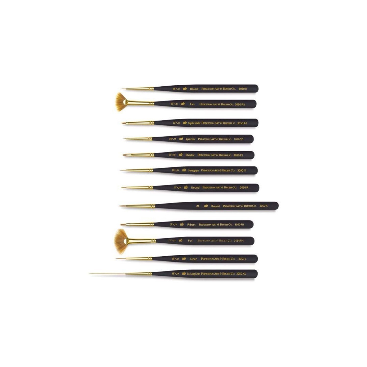 Princeton Mini-Detailer Brush Set, Synthetic Bristles, Short Handle Mixed Media Paintbrush, Black, 12 Pieces