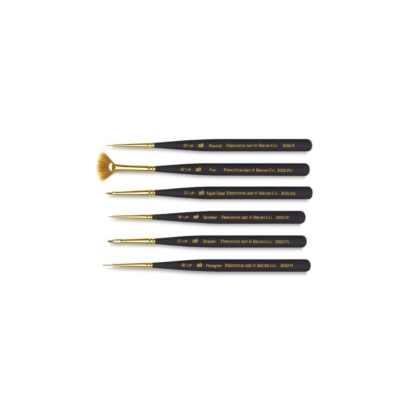 Princeton Mini-Detailer Brush Set, Synthetic Bristles, Short Handle Mixed Media Paintbrush, Black, 6 Pieces