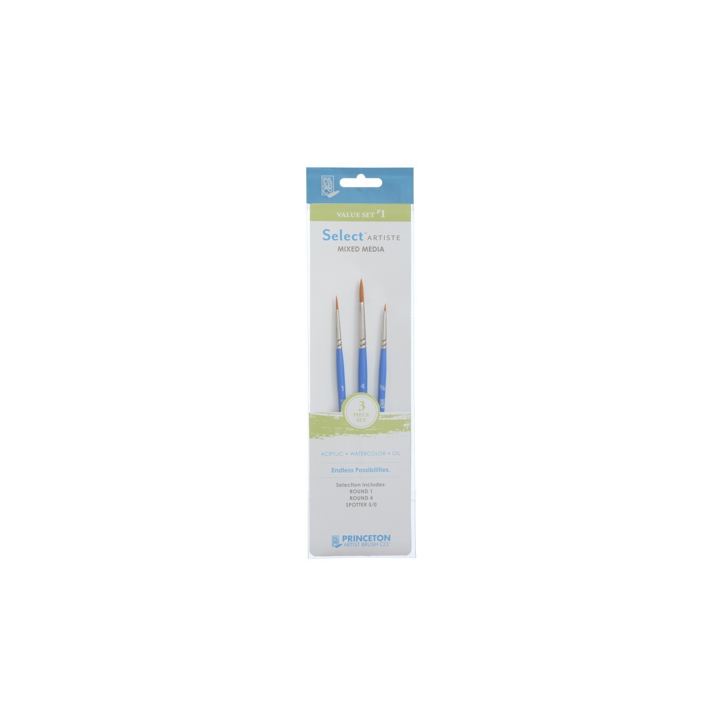 Princeton Select Artiste Brush Set No. 1, Synthetic Bristles, Short Handle Mixed Media Paintbrush, Jewel Blue, 3 Pieces