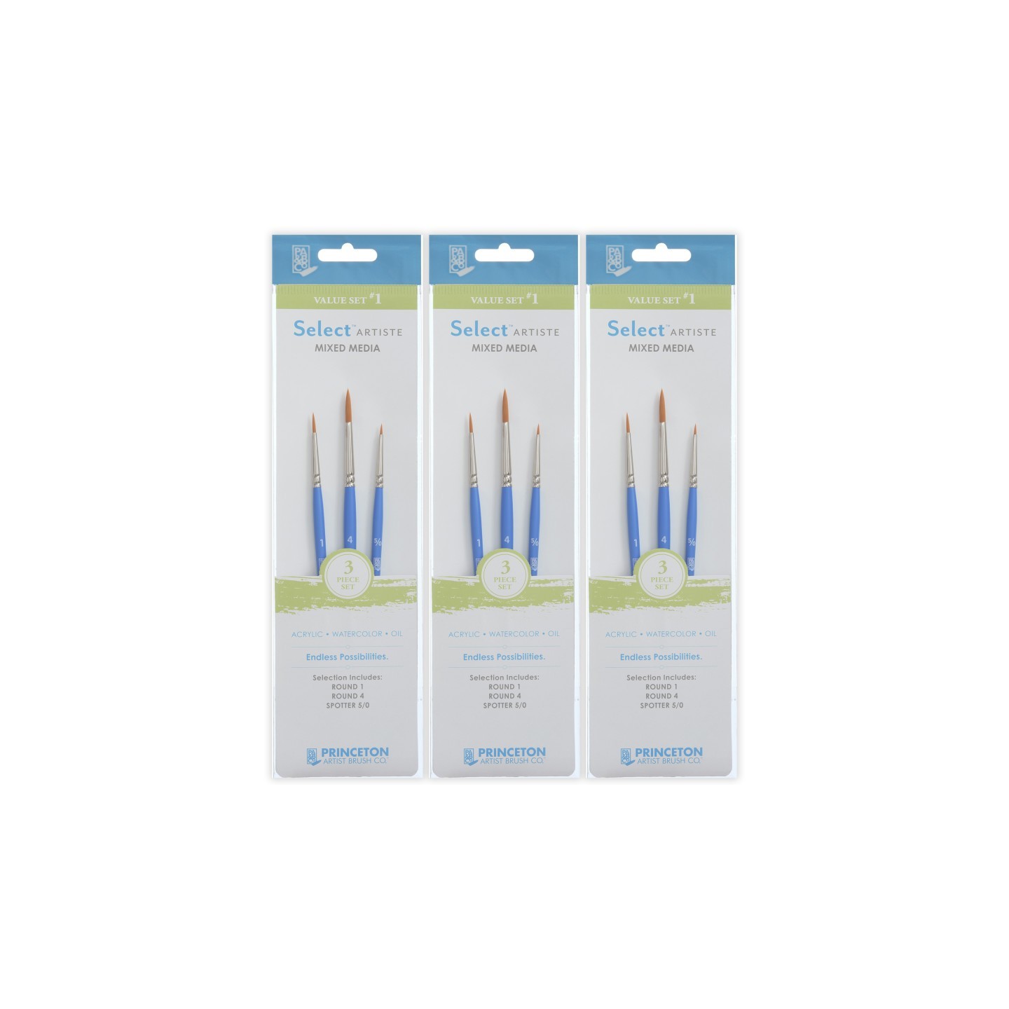 Princeton Select Artiste Brush Set No. 1, Synthetic Bristles, Short Handle Mixed Media Paintbrush, Jewel Blue, 3 Per Set, 3 Sets