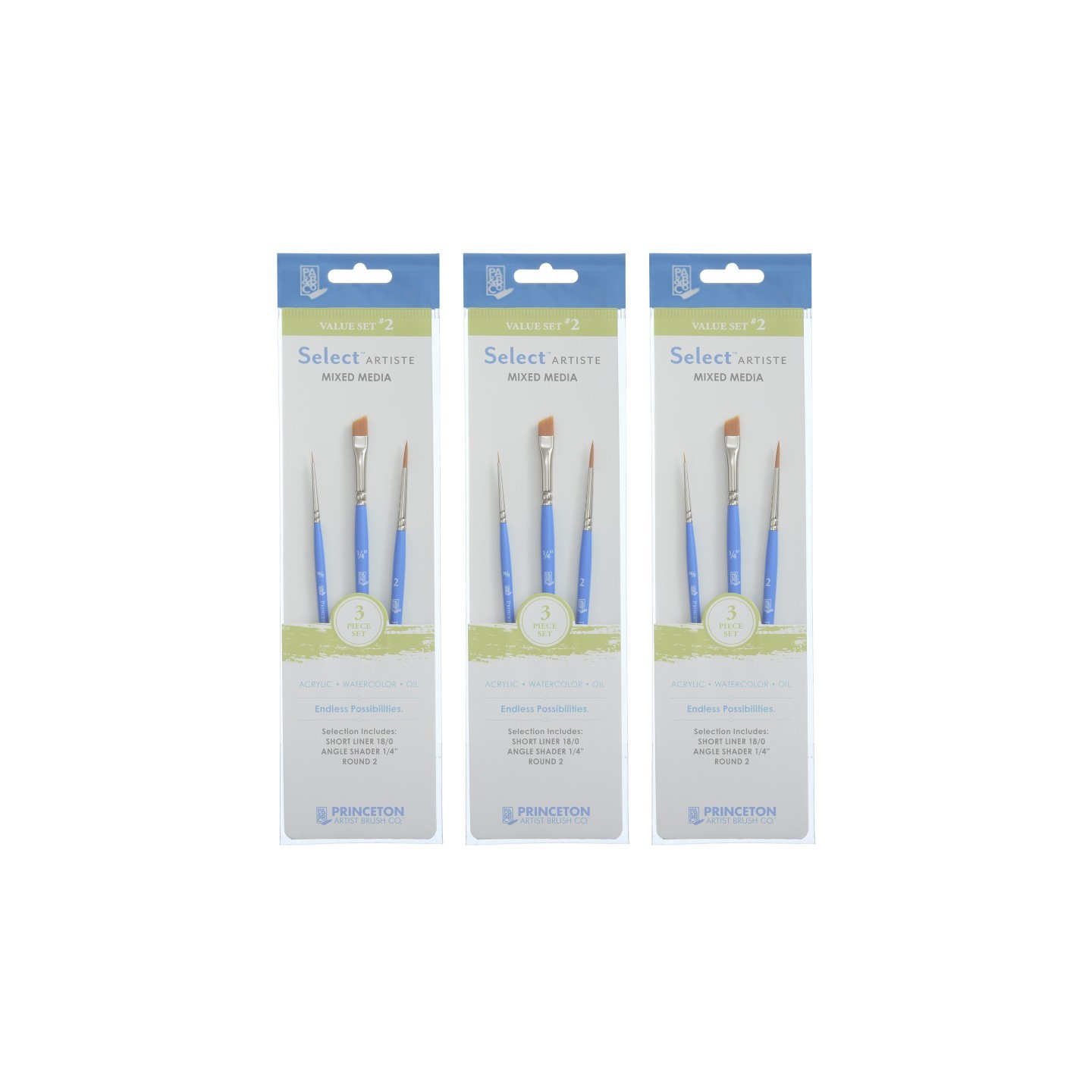 Princeton Select Artiste Brush Set No. 2, Synthetic Bristles, Short Handle Mixed Media Paintbrush, Jewel Blue, 3 Per Set, 3 Sets