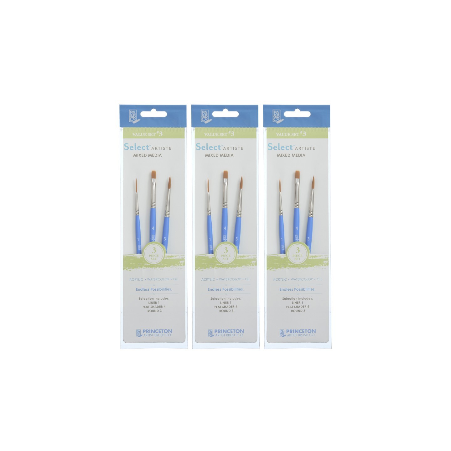 Princeton Select Artiste Brush Set No. 3, Synthetic Bristles, Short Handle Mixed Media Paintbrush, Jewel Blue, 3 Per Set, 3 Sets