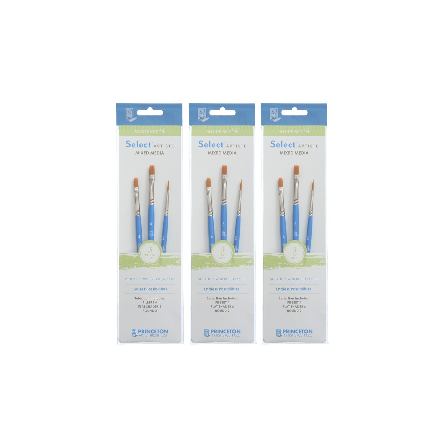 Princeton Select Artiste Brush Set No. 4, Synthetic Bristles, Short Handle Mixed Media Paintbrush, Jewel Blue, 3 Per Set, 3 Sets