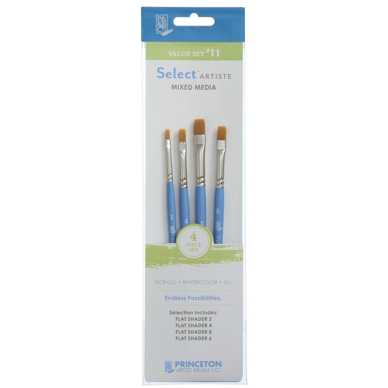 Princeton Select Artiste Brush Set No. 11, Synthetic Bristles, Short Handle Mixed Media Paintbrush, Jewel Blue, 4 Pieces