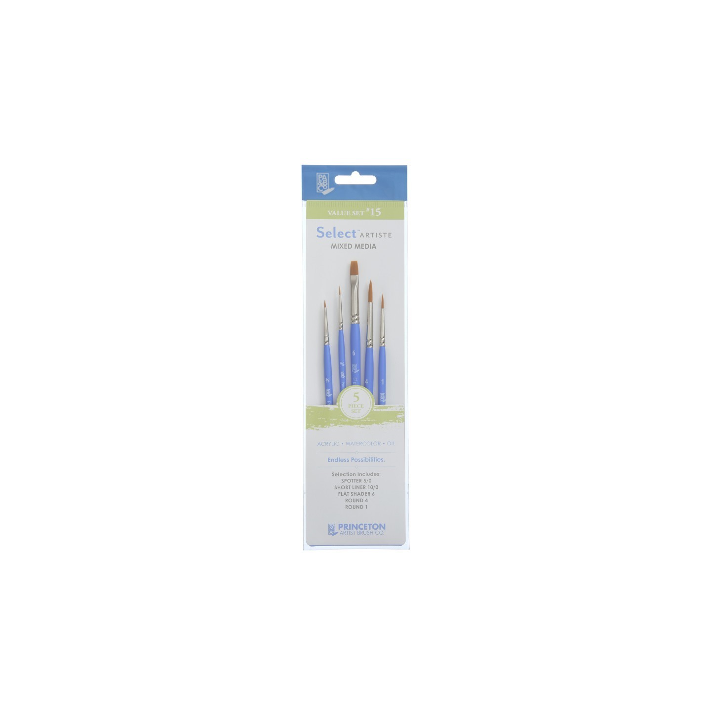 Princeton Select Artiste Brush Set No. 15, Synthetic Bristles, Short Handle Mixed Media Paintbrush, Jewel Blue, 5 Pieces