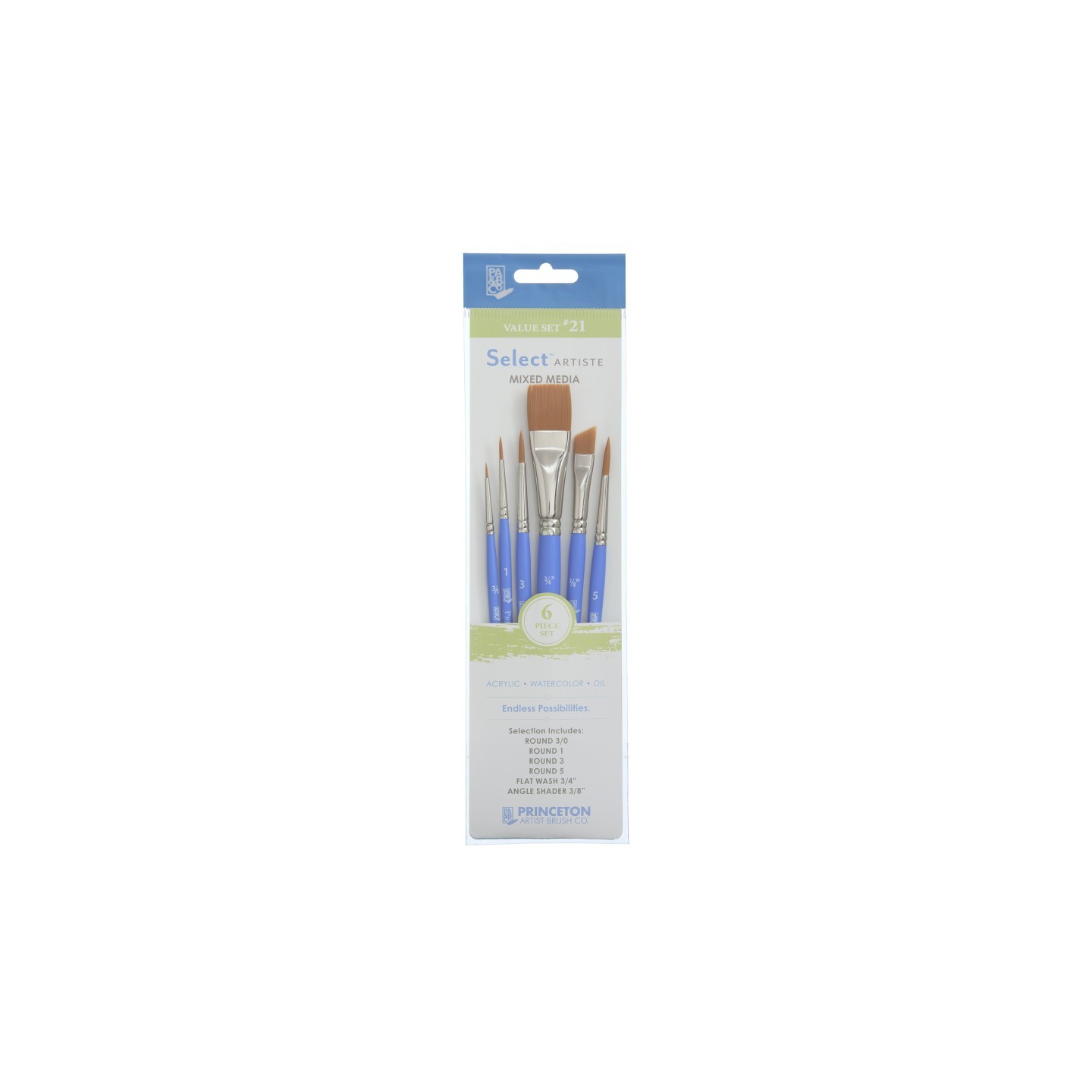 Princeton Select Artiste Brush Set No. 21, Synthetic Bristles, Short Handle Mixed Media Paintbrush, Jewel Blue, 6 Pieces
