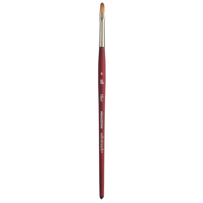 Princeton Velvetouch Filbert Brush, Synthetic Bristles, Short Handle Mixed Media Paintbrush, Scarlet, Size 4, 1 Count
