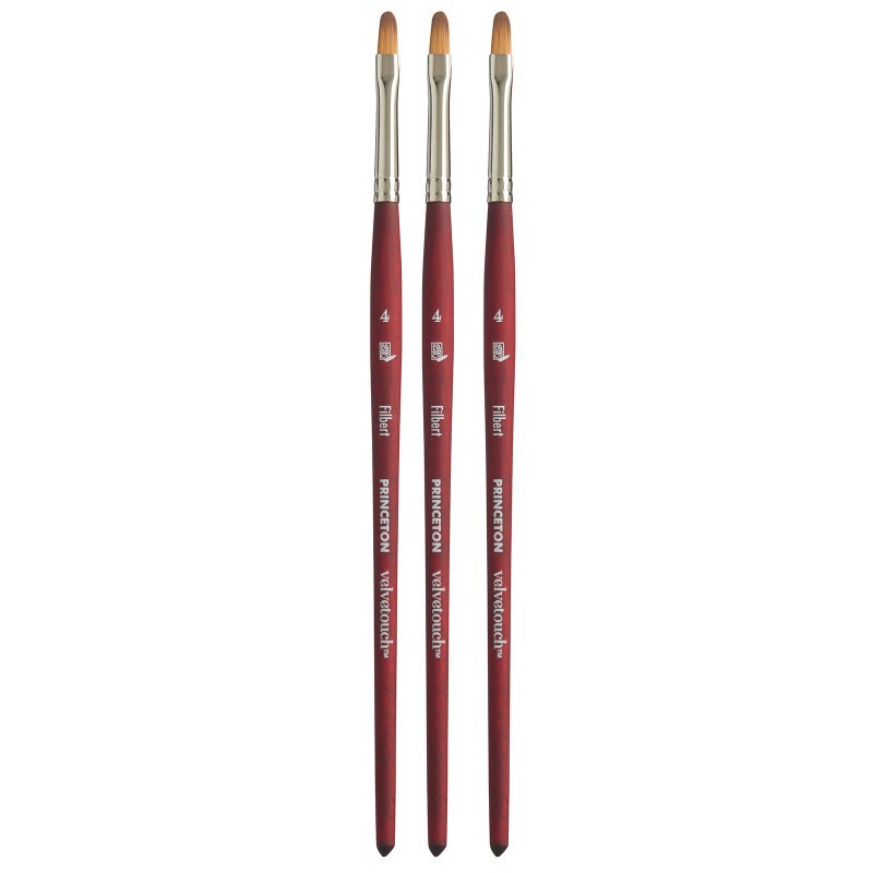 Princeton Velvetouch Filbert Brush, Synthetic Bristles, Short Handle Mixed Media Paintbrush, Scarlet, Size 4, Pack of 3