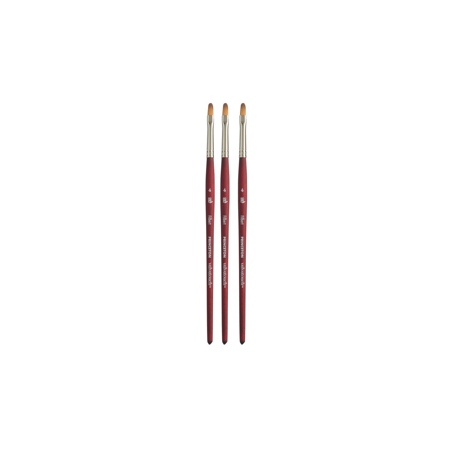 Princeton Velvetouch Filbert Brush, Synthetic Bristles, Short Handle Mixed Media Paintbrush, Scarlet, Size 4, Pack of 3