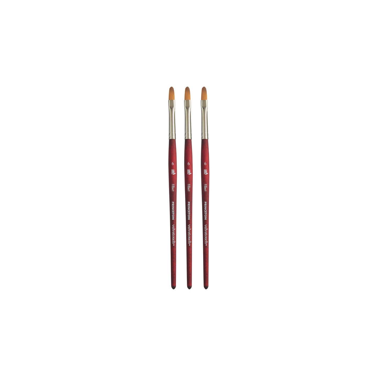 Princeton Velvetouch Filbert Brush, Synthetic Bristles, Short Handle Mixed Media Paintbrush, Scarlet, Size 6, Pack of 3