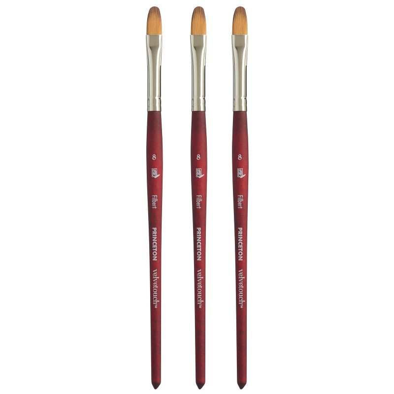 Princeton Velvetouch Filbert Brush, Synthetic Bristles, Short Handle Mixed Media Paintbrush, Scarlet, Size 8, Pack of 3