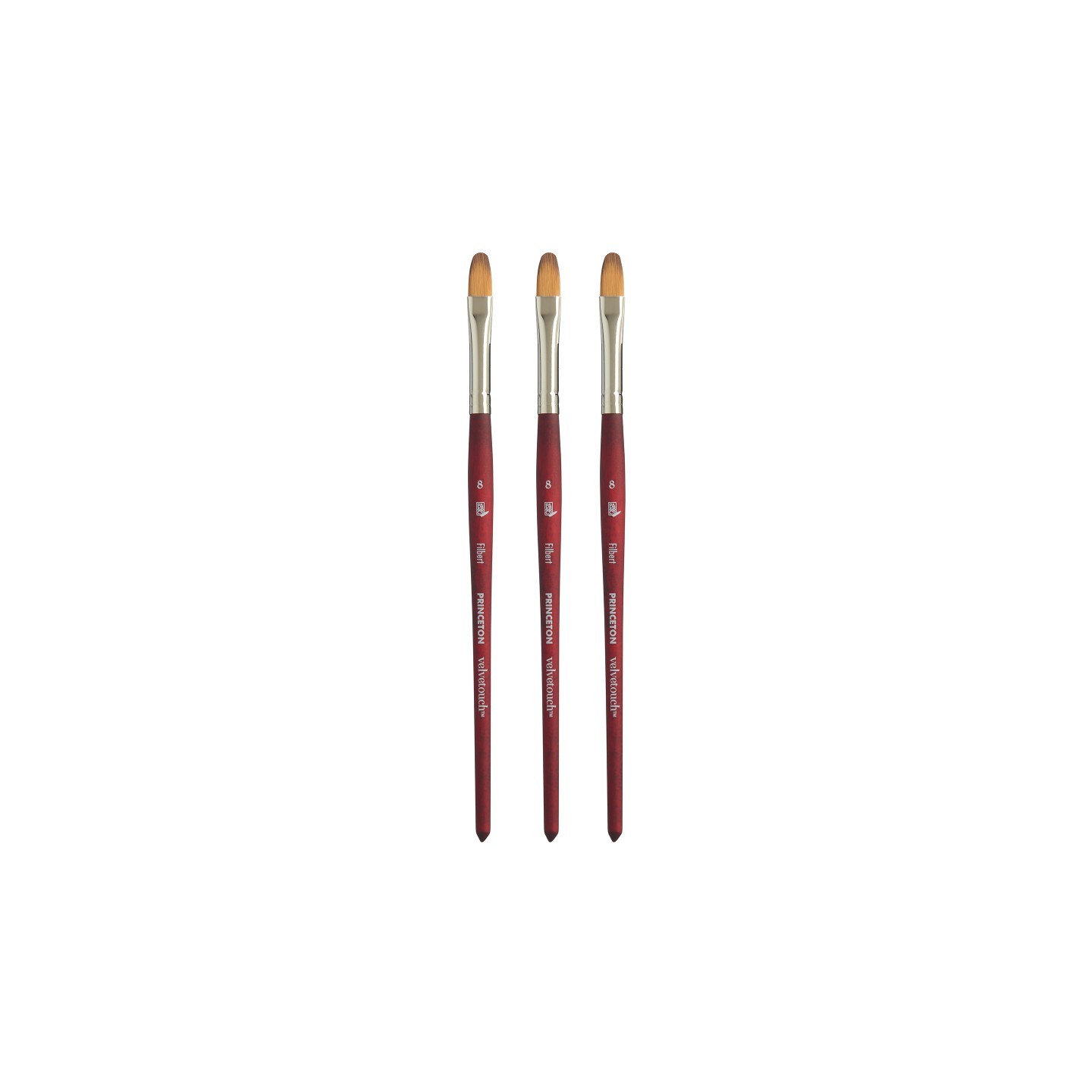 Princeton Velvetouch Filbert Brush, Synthetic Bristles, Short Handle Mixed Media Paintbrush, Scarlet, Size 8, Pack of 3
