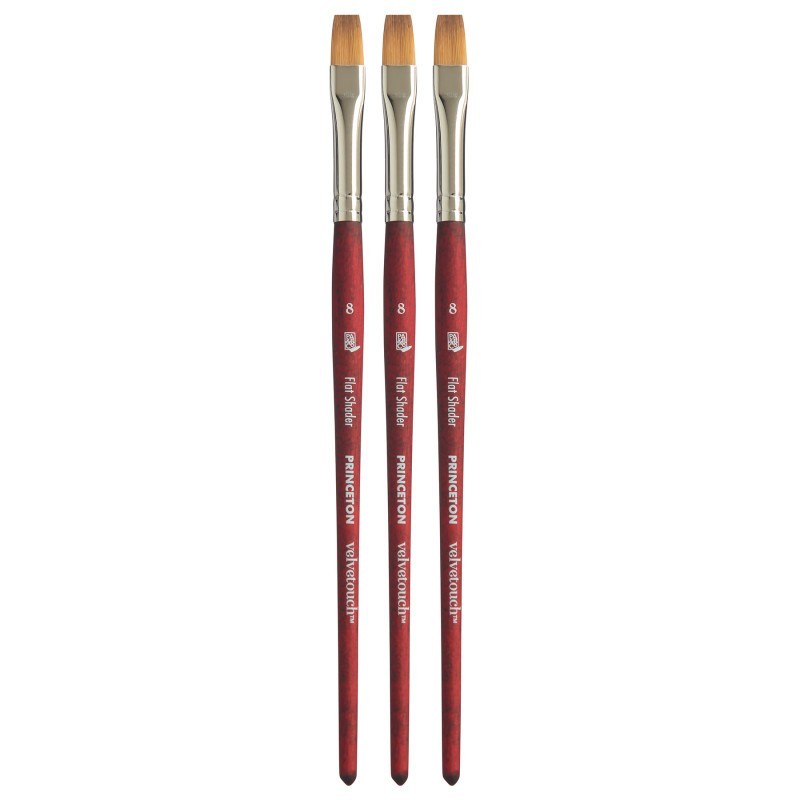 Princeton Velvetouch Flat Shader Brush, Synthetic Bristles, Short Handle Mixed Media Paintbrush, Scarlet, Size 8, Pack of 3