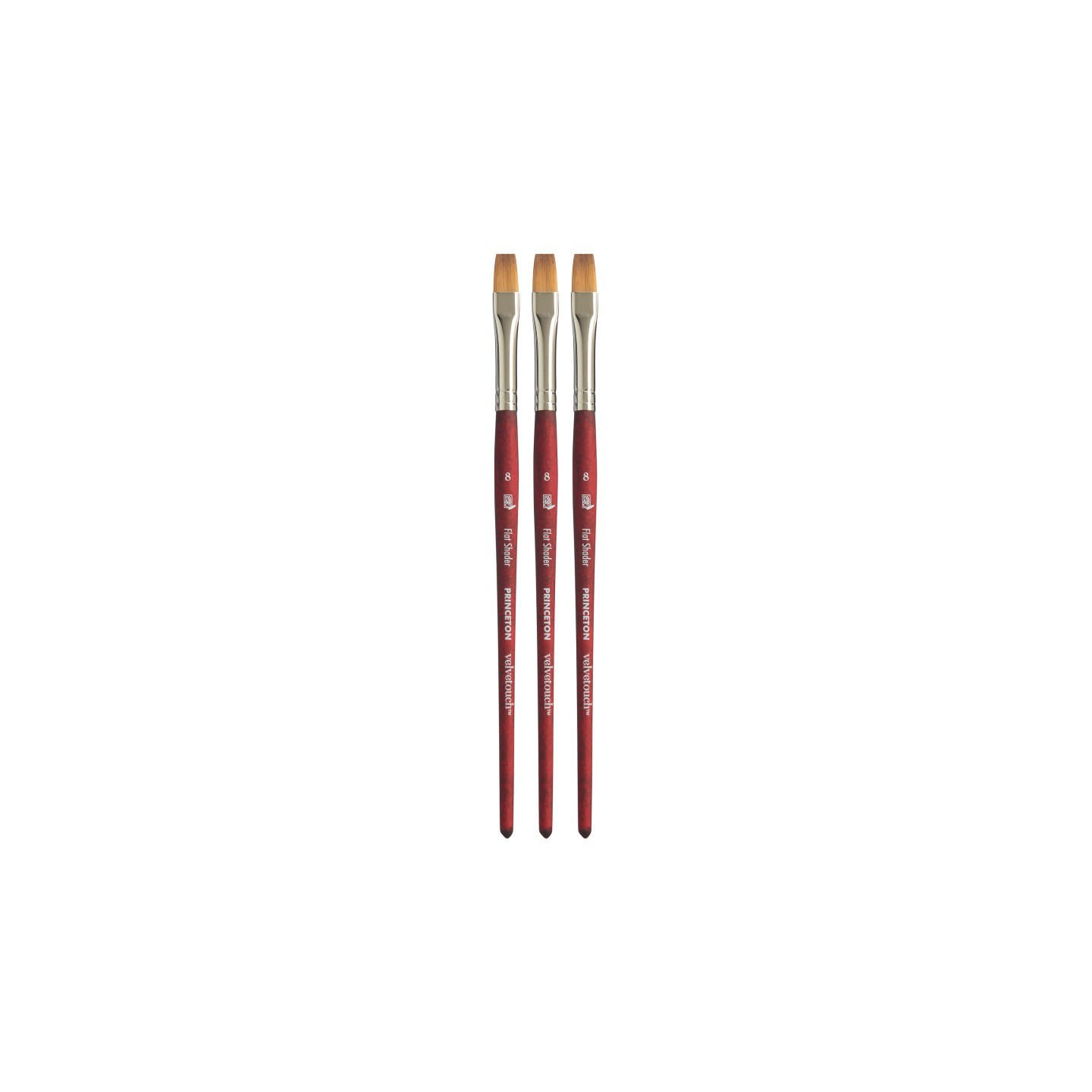 Princeton Velvetouch Flat Shader Brush, Synthetic Bristles, Short Handle Mixed Media Paintbrush, Scarlet, Size 8, Pack of 3