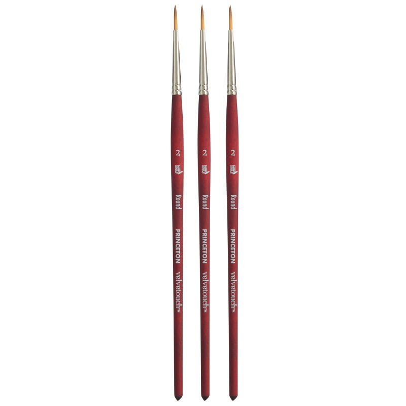 Princeton Velvetouch Round Brush, Synthetic Bristles, Short Handle Mixed Media Paintbrush, Scarlet, Size 2, Pack of 3