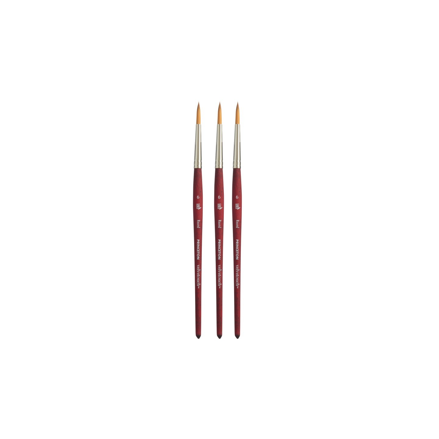 Princeton Velvetouch Round Brush, Synthetic Bristles, Short Handle Mixed Media Paintbrush, Scarlet, Size 6, Pack of 3