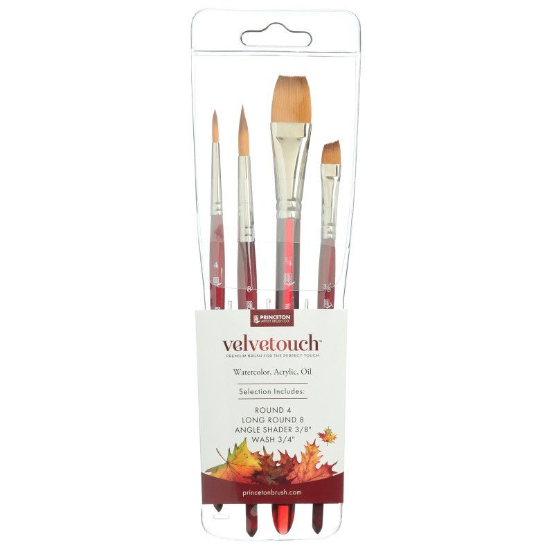 Princeton Velvetouch Mixed Media Brush Set, Synthetic Bristles, Short Handle Mixed Media Paintbrush, Scarlet, 4 Pieces