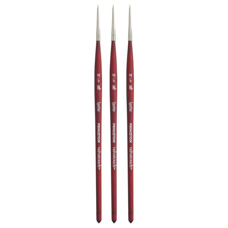 Princeton Velvetouch Spotter Brush, Synthetic Bristles, Short Handle Mixed Media Paintbrush, Scarlet, Size 18/0, Pack of 3