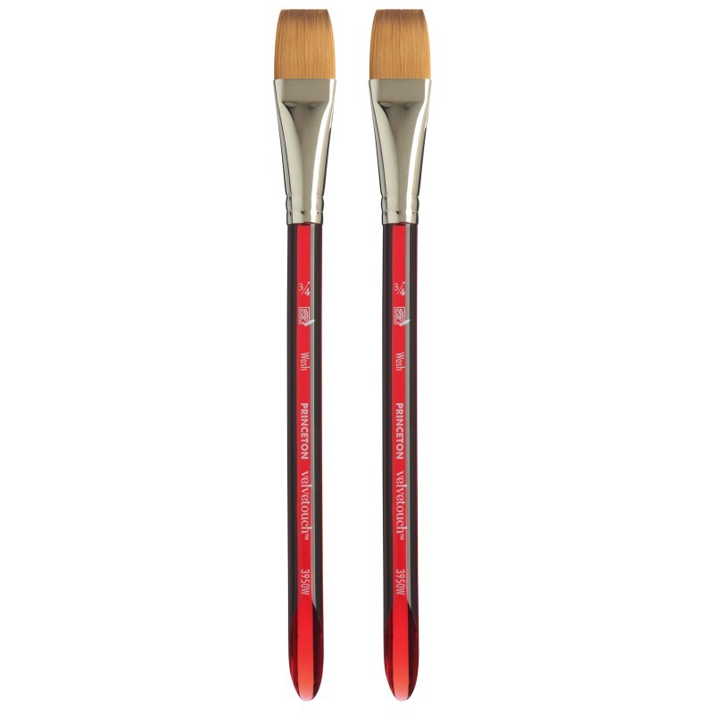 Princeton Velvetouch Wash Brush, Synthetic Bristles, Short Handle Mixed Media Paintbrush, Scarlet, Size 3/4 inch, Pack of 2
