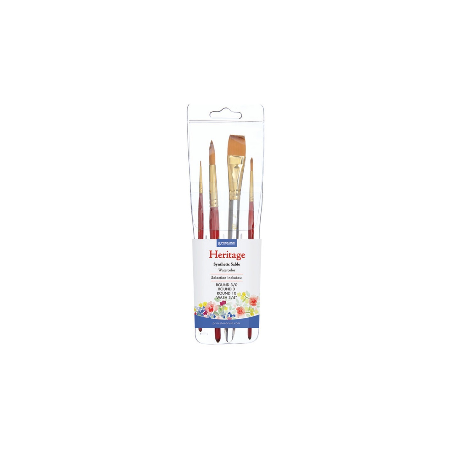 Princeton Heritage Brush Set, Synthetic Bristles, Short Handle Watercolor Paintbrush, Scarlet, 4 Pieces