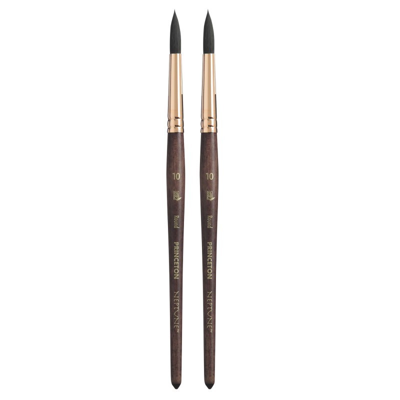 Princeton Neptune Round Brush, Synthetic Bristles, Short Handle Watercolor Paintbrush, Dark Wood, Size 10, Pack of 2