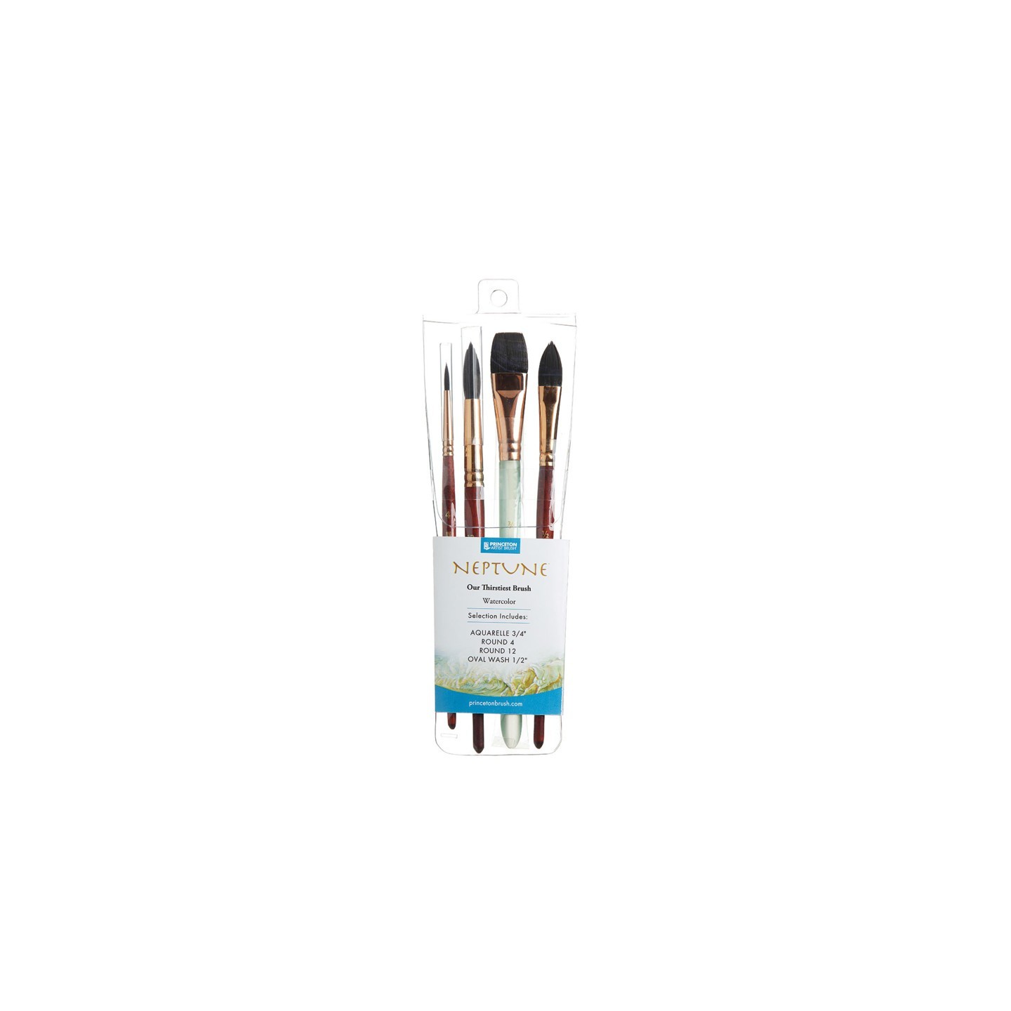 Princeton Neptune Watercolor Brush Set, Synthetic Bristles, Short Handle Watercolor Paintbrush, Dark Wood, 4 Pieces