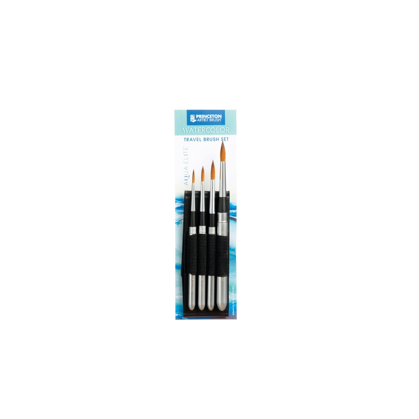 Princeton Aqua Elite Brush Travel Set, Synthetic Bristles, Short Handle Watercolor Paintbrush, Matte Black, 4 Pieces