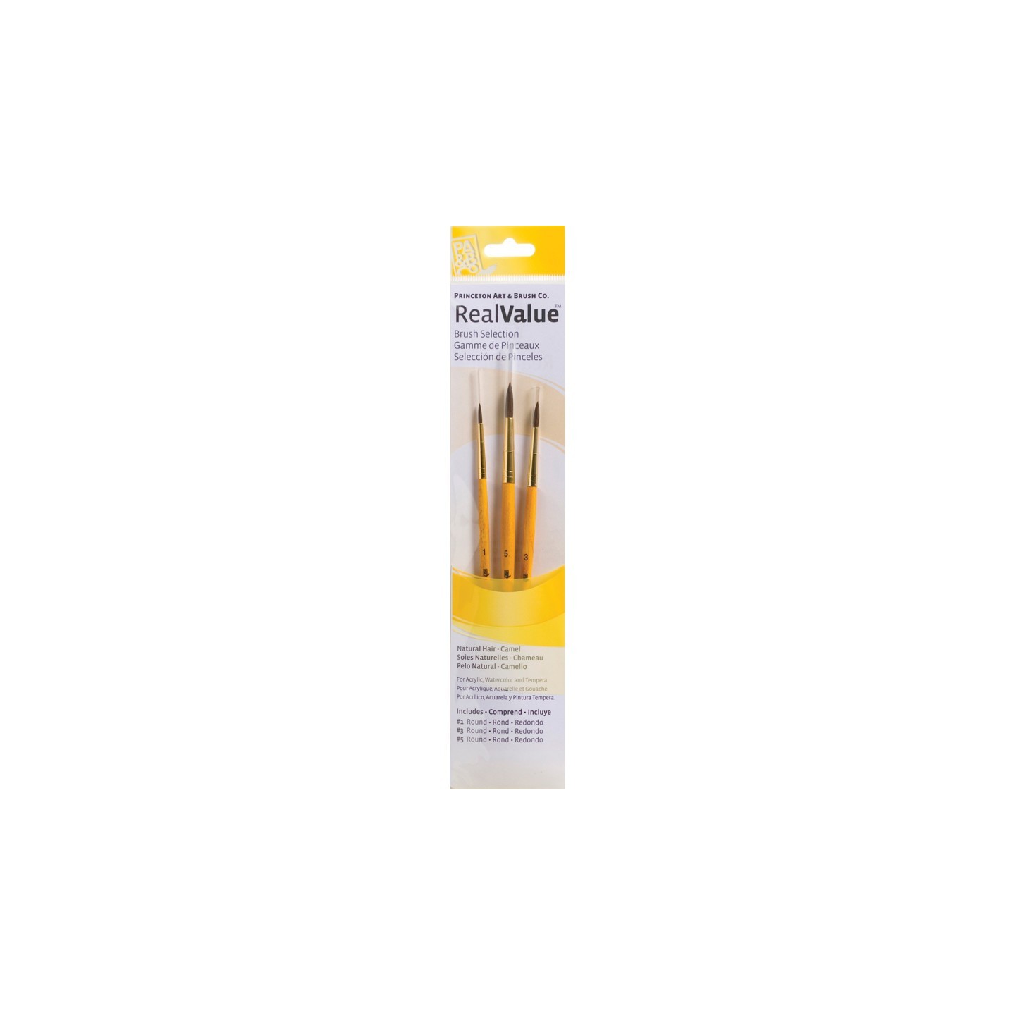 Princeton RealValue Round Brush Set, Camel Bristles, Short Handle Mixed Media Paintbrush, Yellow, 3 Pieces