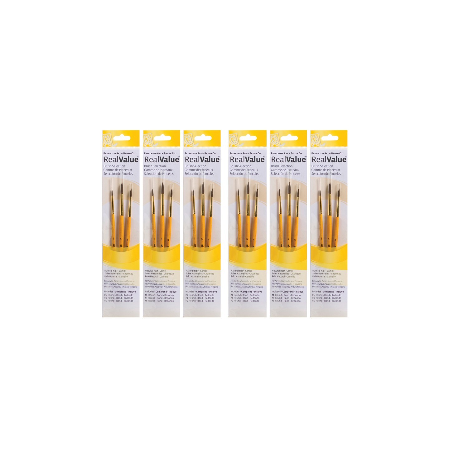 Princeton RealValue Round Brush Set, Camel Bristles, Short Handle Mixed Media Paintbrush, Yellow, 3 Per Set, 6 Sets