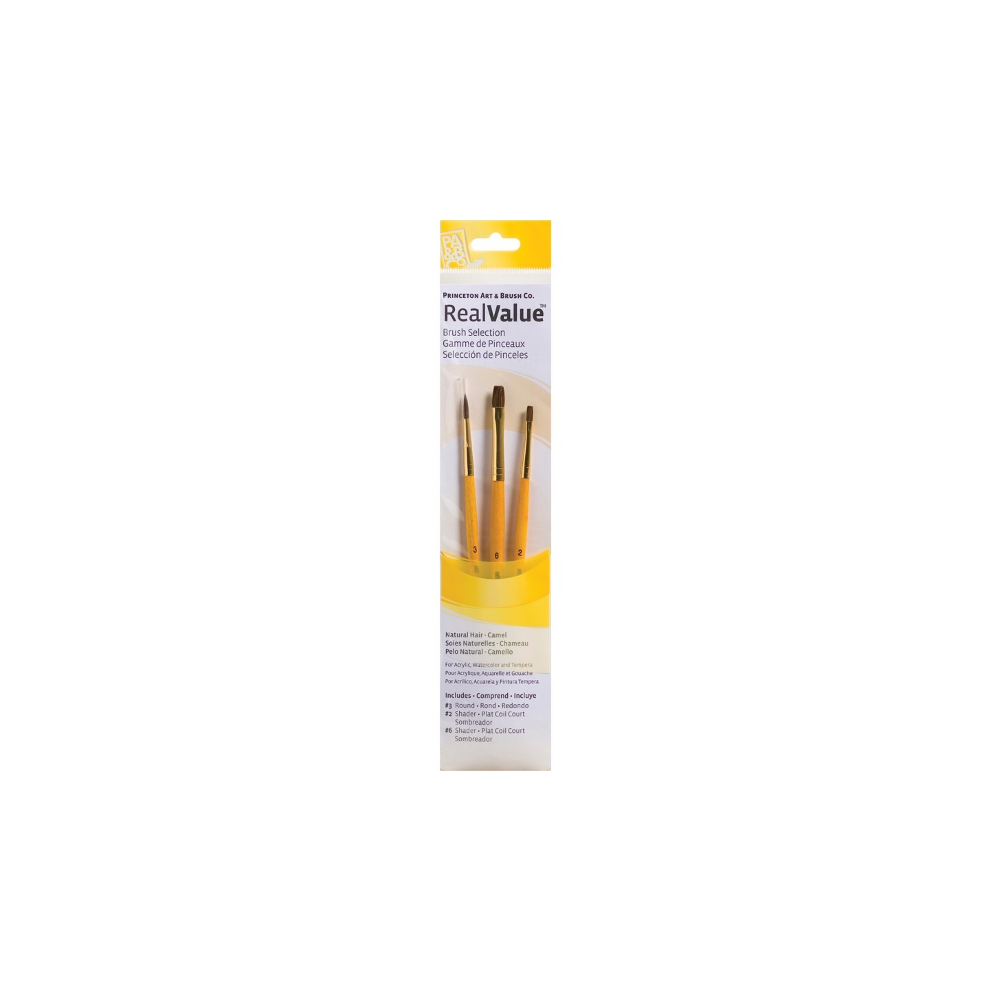 Princeton RealValue Brush Set, Camel Bristles, Short Handle Mixed Media Paintbrush, Brown, 3 Pieces