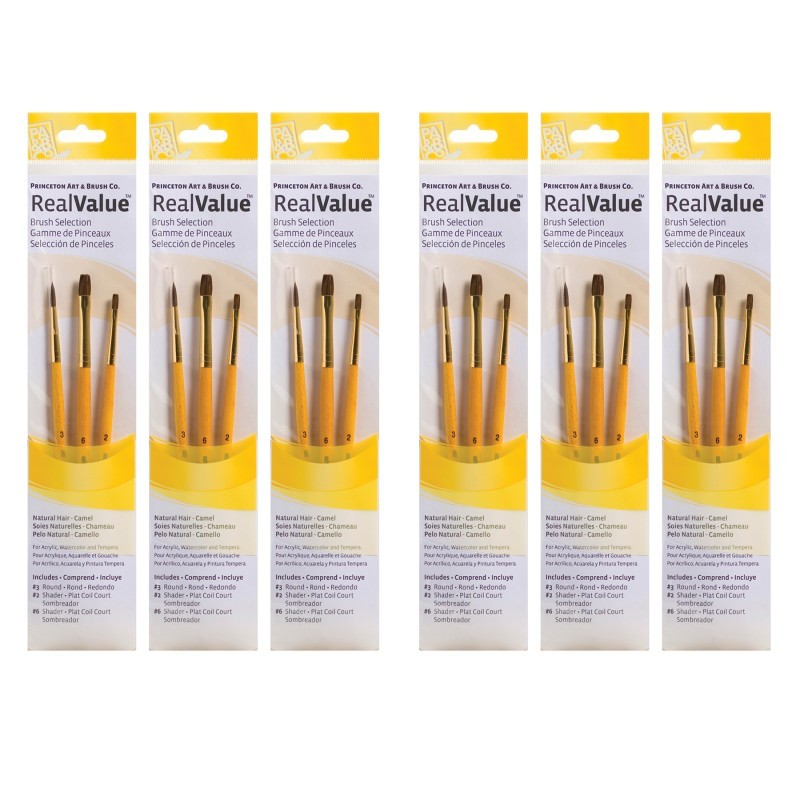 Princeton RealValue Brush Set, Camel Bristles, Short Handle Mixed Media Paintbrush, Brown, 3 Per Set, 6 Sets