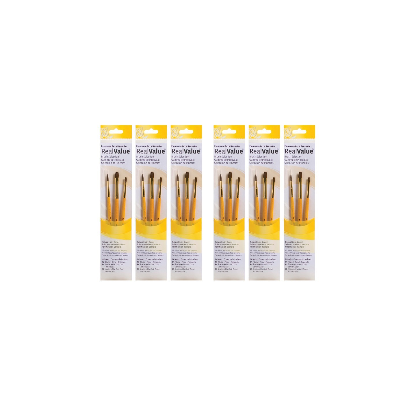 Princeton RealValue Brush Set, Camel Bristles, Short Handle Mixed Media Paintbrush, Brown, 3 Per Set, 6 Sets