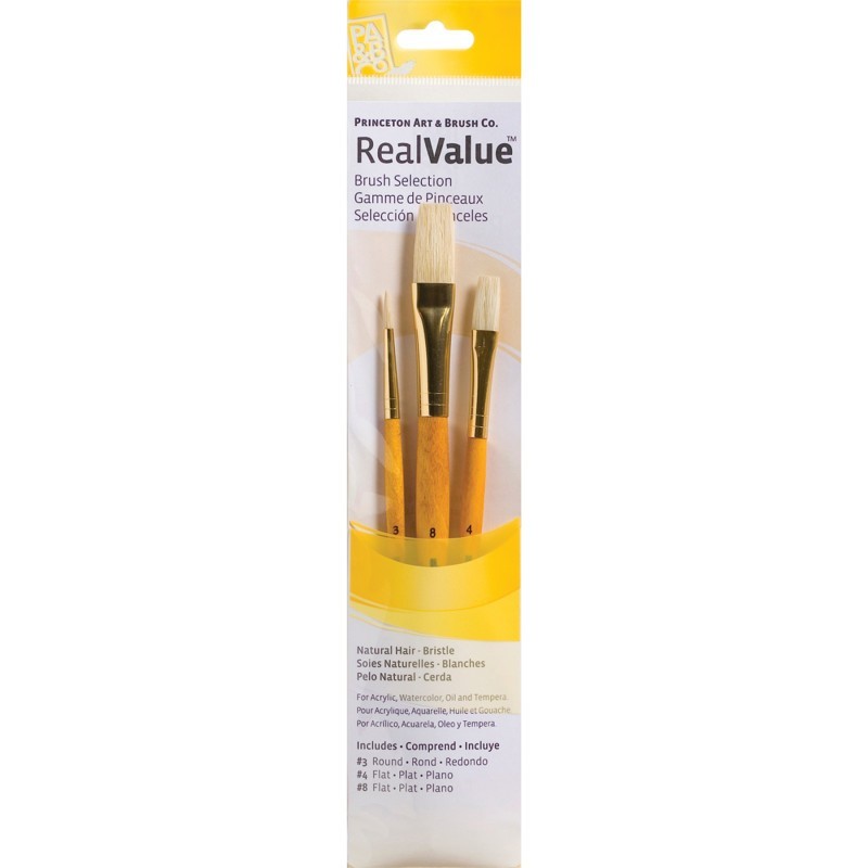 Princeton RealValue Brush Set, Natural Bristles, Short Handle Mixed Media Paintbrush, Yellow, 3 Pieces