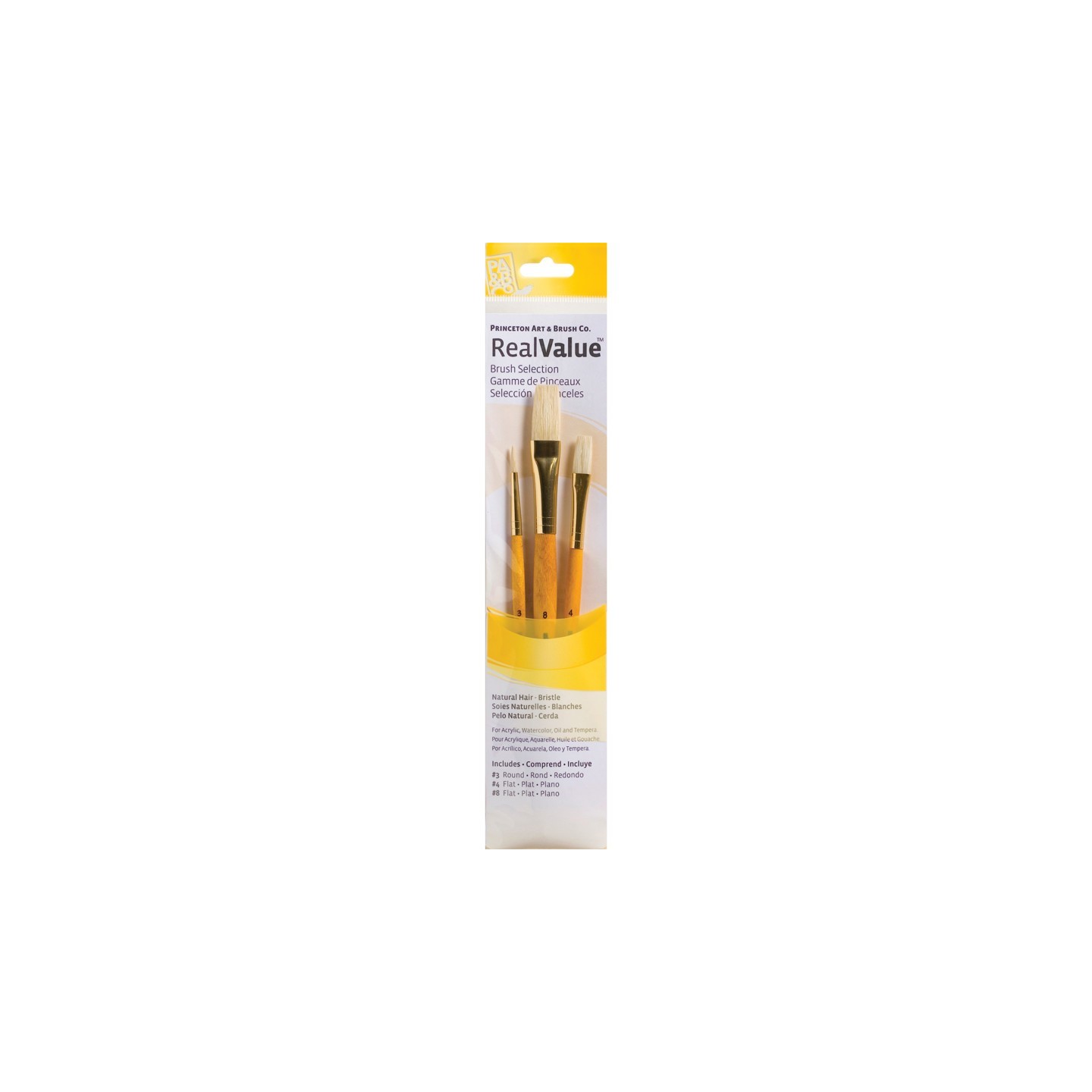 Princeton RealValue Brush Set, Natural Bristles, Short Handle Mixed Media Paintbrush, Yellow, 3 Pieces