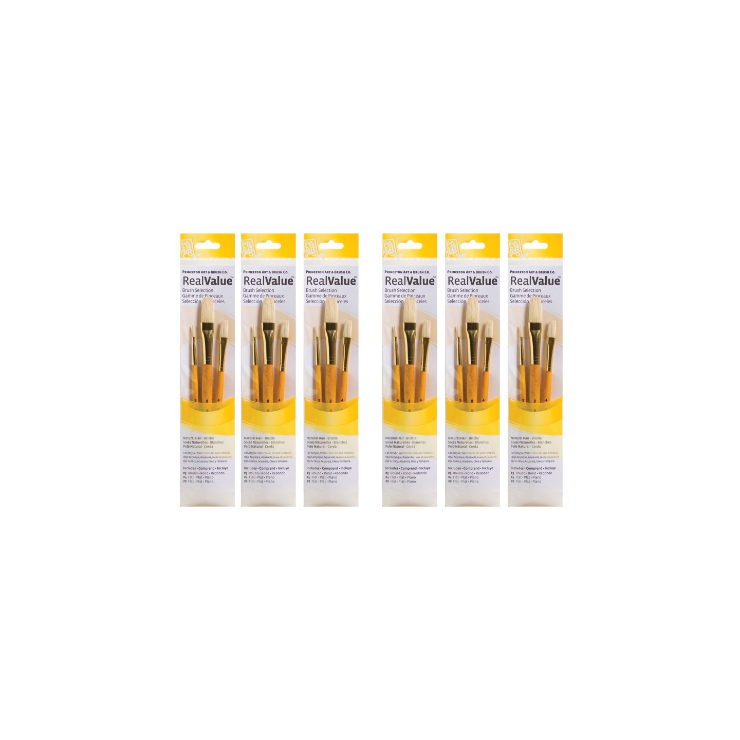 Princeton RealValue Brush Set, Natural Bristles, Short Handle Mixed Media Paintbrush, Yellow, 3 Per Set, 6 Sets