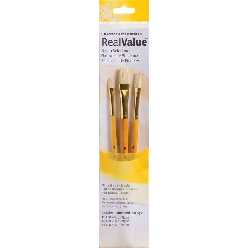 Princeton RealValue Brush Set, Natural Bristles, Short Handle Mixed Media Paintbrush, Yellow, 3 Pieces