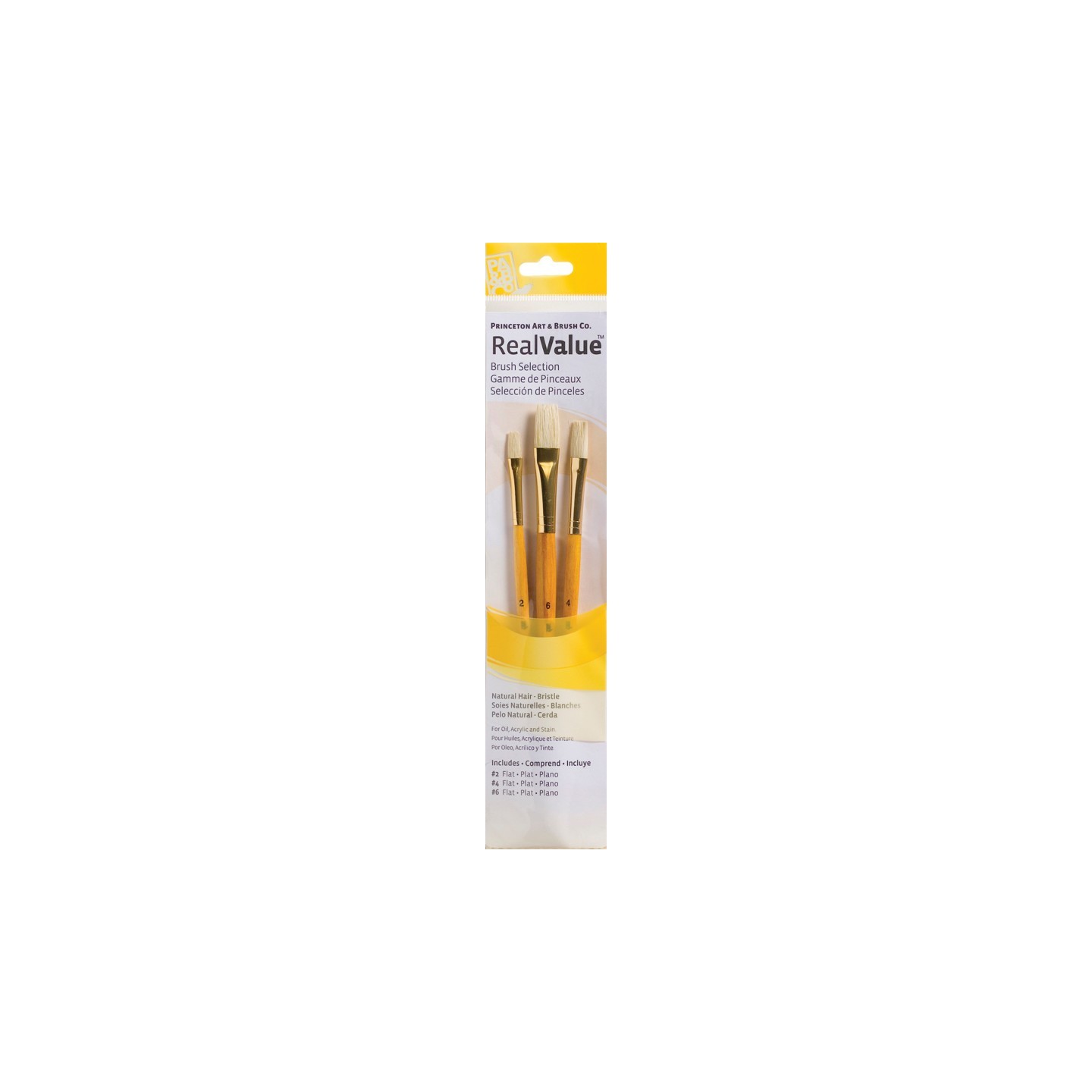 Princeton RealValue Brush Set, Natural Bristles, Short Handle Mixed Media Paintbrush, Yellow, 3 Pieces